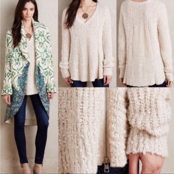✨ Anthropologie Moth Cream Chunky Knit Pullover Sweater Side Zipper✨ - Picture 2 of 9